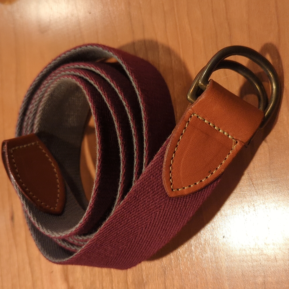 Plum and grey fabric reversible belt 46" with brown leather.